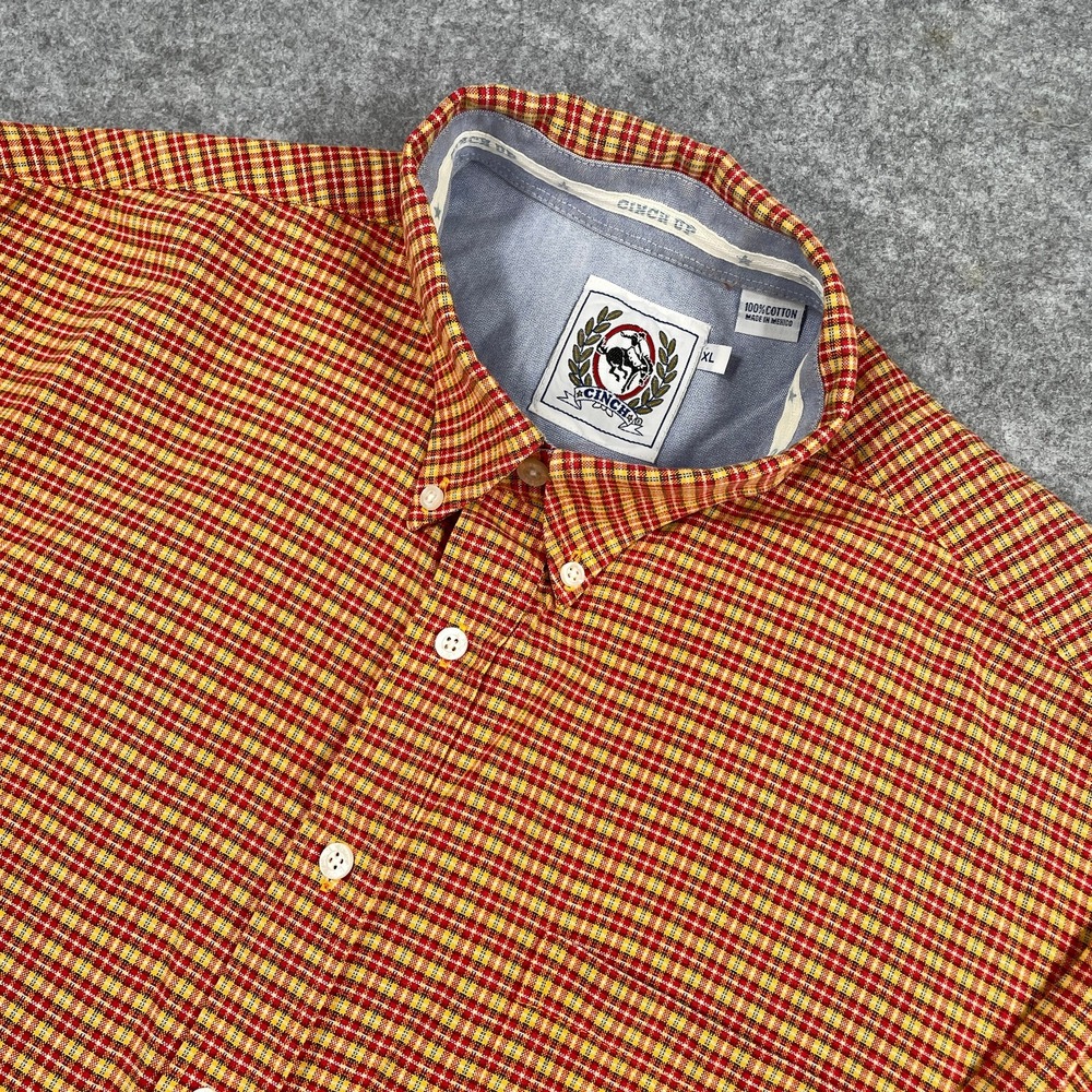 Cinch Mens Button Down Shirt XL Yellow Red Plaid Long Sleeve Western Cotton